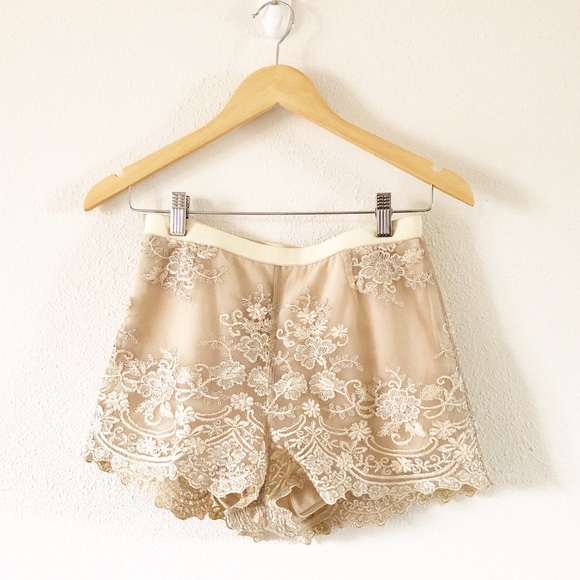 diamond dazzle Pants - Diamond Dazzle Lace Embroidered Beige Shorts